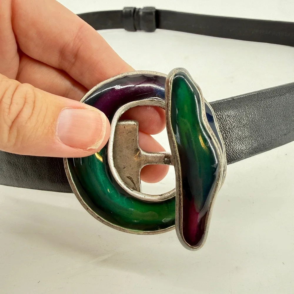 Chicos Enamel Buckle Belt Womens ML Black Leather Multi Color Artisan Vintage